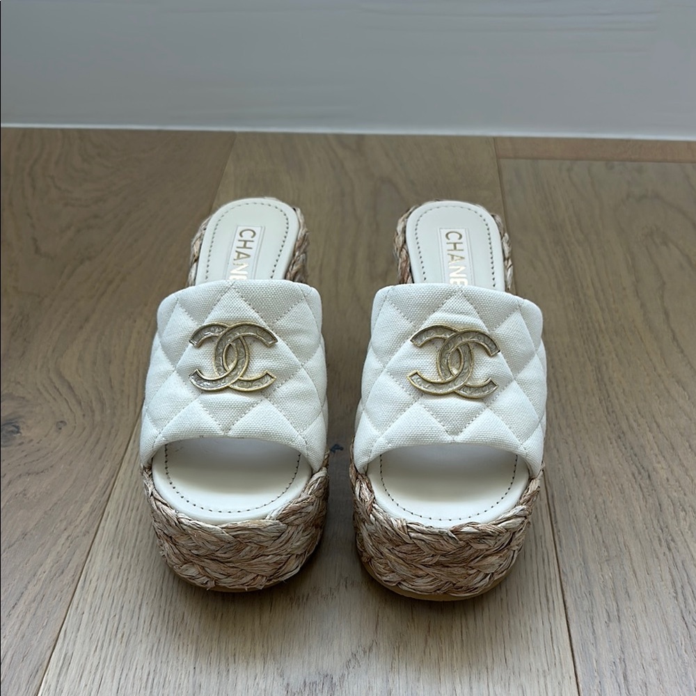 Chanel White Quilted Platform Sandals